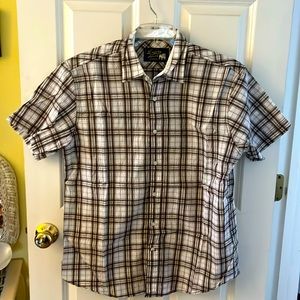 NWOT! Men’s Cotton Short Sleeve Shirt. Brown and White Plaid. Size Large